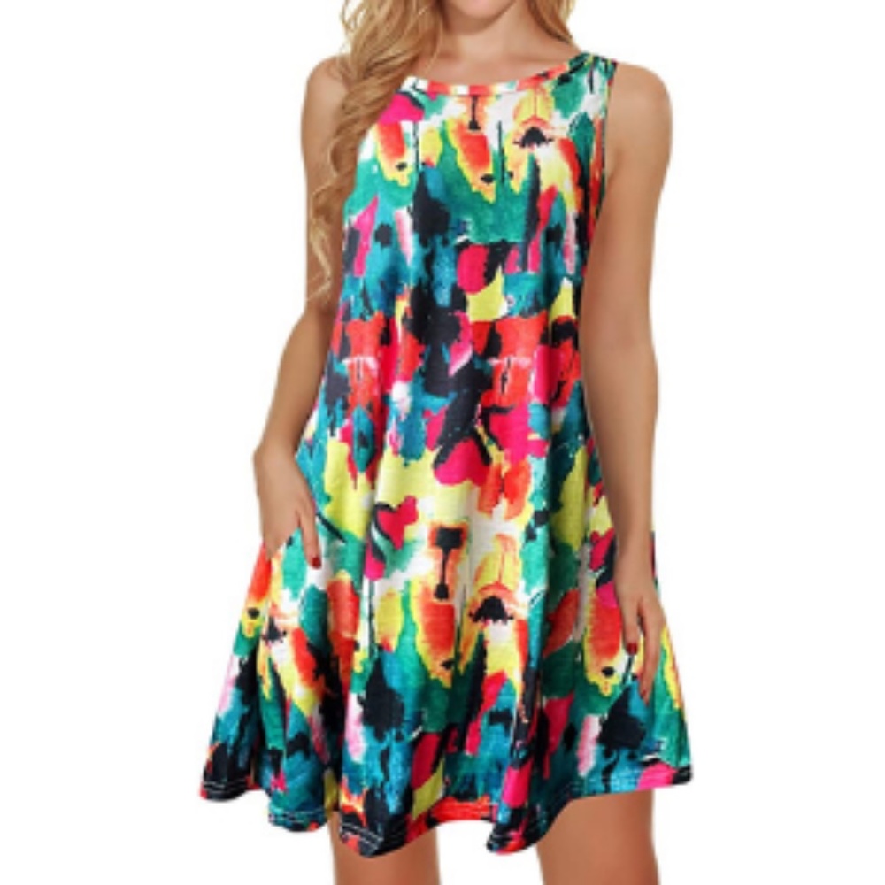 Beach Floral Tshirt Sundress Sleeveless Pockets Casual Loose Tank Dress